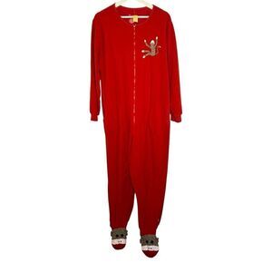 Nick & Nora Red Fleece Sock Monkey Zip Up Pajama Jumpsuit - US Unisex L